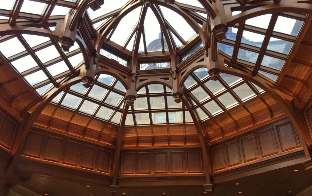 An elaborate circular skylight. 
