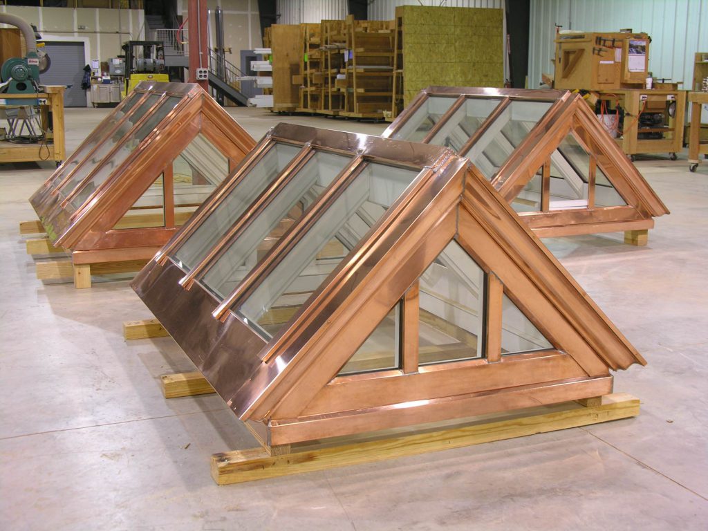 set of three custom skylights, copper and glass