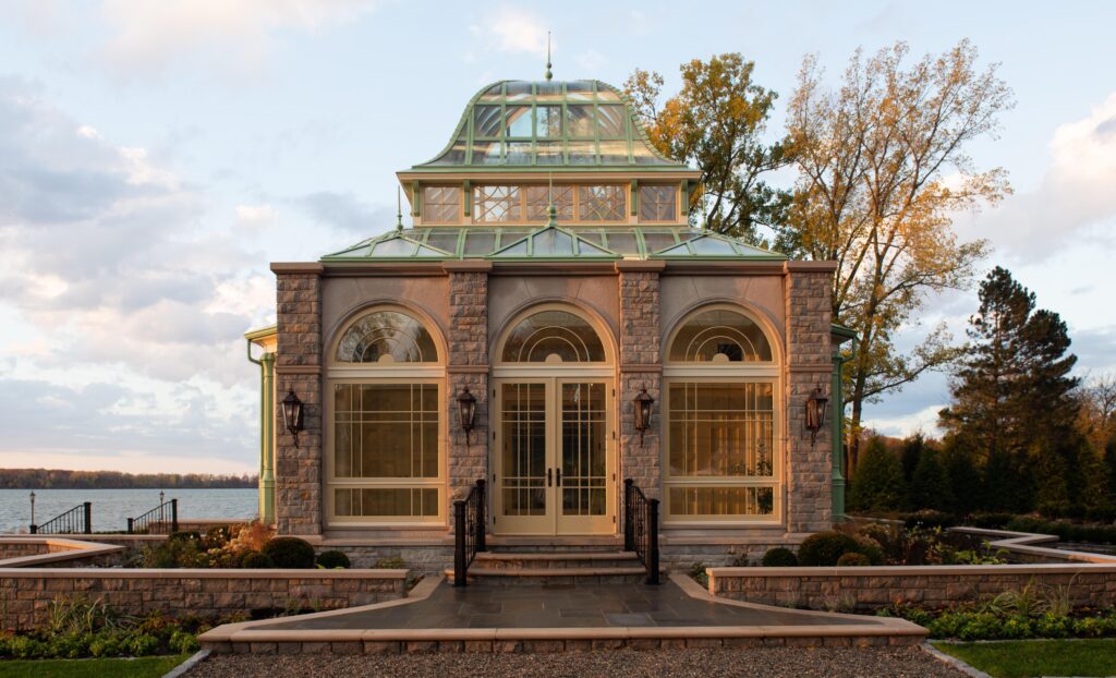 Custom steel and glass palm house, exterior front view of the head house