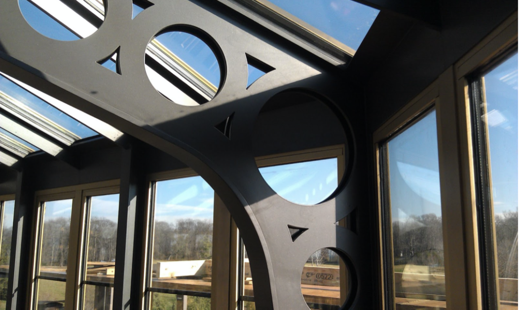 steel conservatory design_fibonacci sequence steel cut outs_close up.